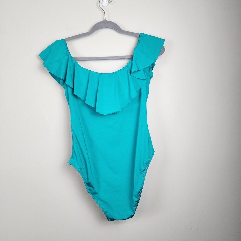 New Trina Turk sz 12 women off shoulder ruffle swimsuit turquoise - Picture 11 of 14